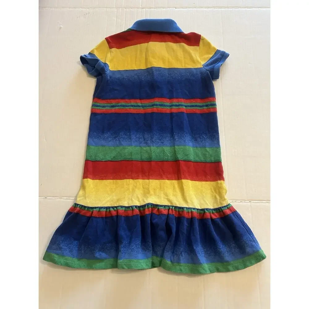 Polo Ralph Lauren Girls Size 6 Dress Multicolored Striped‎ Ruffle Cotton Casual